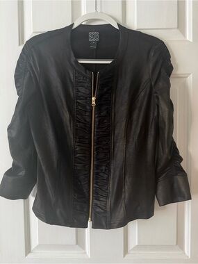 CLARA SUNWOO Black Faux Leather Jacket with Gold Zip and Ruching